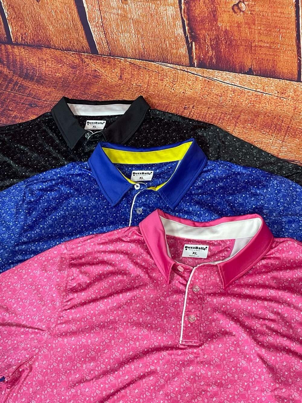 BuzzBallz Cocktail Print Performance Golf Polo Shirt Size XL 3 Shirt Lot